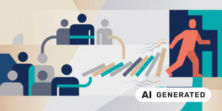 AI generated - Ein stilisierter Netzverbund aus Personen wird mit einer fallenden Domino-Kaskade kombiniert, die durch den Austritt einer Figur ausgelöst wird um das Konzept der sozialen Ansteckung darzustellen.