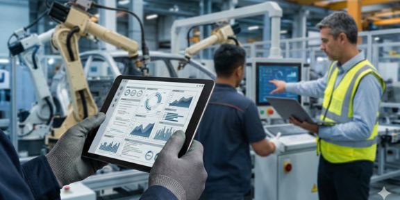 The image presents a first-person perspective inside a modern, high-tech manufacturing facility. In the sharp foreground, a pair of hands wearing grey, textured protective gloves holds a black tablet computer. The tablet screen displays a detailed analytics dashboard featuring various data visualizations in shades of blue and grey, including pie charts, bar graphs, line charts, and percentage indicators, suggesting real-time monitoring of production metrics.  In the slightly out-of-focus mid-ground, two male workers are collaborating at a stationary machine control panel equipped with a monitor. The worker on the left has his back to the viewer, wears a dark blue work shirt, and is holding a laptop. Facing him in profile is a second worker wearing a high-visibility yellow safety vest over a blue shirt; he is gesturing towards the control screen as if analyzing data. The background is filled with large yellow industrial robotic arms engaged in assembly work on metal frames or car chassis along a production line.