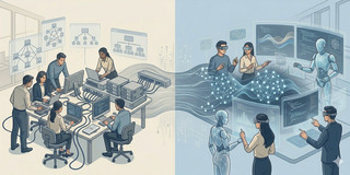 Eine detaillierte, illustrative Komposition, die in zwei thematisch unterschiedliche, aber miteinander verbundene Hälften unterteilt ist, zeigt die Evolution von der traditionellen Informationstechnologie zur fortgeschrittenen, virtuellen künstlichen Intelligenz.  Die linke Hälfte, auf einem hellen, cremefarbenen Hintergrund, stellt ein physisches, vernetztes Büro dar. Fünf menschliche Fachleute arbeiten an verschiedenen Aufgaben an einem zentralen, mit Kabeln und Geräten überladenen Tisch. Ein Mann links steht und tippt an einem Laptop, eine Frau sitzt und arbeitet ebenfalls an einem Laptop. In der Mitte und rechts arbeiten weitere Fachleute an Laptops und Desktop-Computern. Der Tisch ist vollgestellt mit Routern, Servern, Switches und Kabeln, die die physische Netzwerkinfrastruktur bilden. Über ihnen schweben drei illustrative Diagramme: links ein Netzwerkdiagramm mit Rechnern, in der Mitte ein hierarchisches Organigramm, und rechts ein weiteres, detailliertes Flussdiagramm. Ein Mann im Hintergrund arbeitet an einem großen Serverschrank. Ein breiter, fließender Strom aus blauen, gewundenen Datenlinien und digitalen Binärcodes fließt vom Switch auf dieser Seite über die Bildmitte nach rechts.  Die rechte Hälfte, auf einem hellblauen Hintergrund, zeigt eine futuristische, virtuelle Arbeitsumgebung. Diese Hälfte ist geprägt von virtuellen holografischen Displays, fortschrittlicher Visualisierung und künstlicher Intelligenz. Fünf Figuren bevölkern diesen Raum, von denen vier menschliche Experten sind und zwei humanoide Roboter. Die Menschen tragen alle Virtual-Reality-Headsets (VR-Brillen). Eine Frau rechts und ein Mann vorne steuern mit Gesten virtuelle 3D-Hologramme von komplexen neuronalen Netzwerken, Datenströmen und Wellenmustern. Ein humanoider Roboter steht aufrecht, blickt auf und gestikuliert mit erhobener Hand zu einem der schwebenden Displays, das Code und Daten anzeigt. Ein weiterer, detaillierterer humanoider Roboter steht vorne links und blickt auf eine virtuelle Konsole, auf der eine Frau Code programmiert. Die Displays zeigen komplexe Graphen, Programmiercode und abstrakte mathematische Darstellungen. Der Datenstrom fließt in das zentrale holografische neuronale Netzwerk ein, was die Transformation und Verarbeitung der Daten durch KI darstellt.  Die gesamte Szenerie ist in einem klaren, präzisen grafischen Illustrationsstil gehalten, mit einer begrenzten Farbpalette aus Blautönen, Grau und Cremeweiß, und einer hohen Detailtiefe bei allen technischen Elementen und den Interaktionen der Figuren.