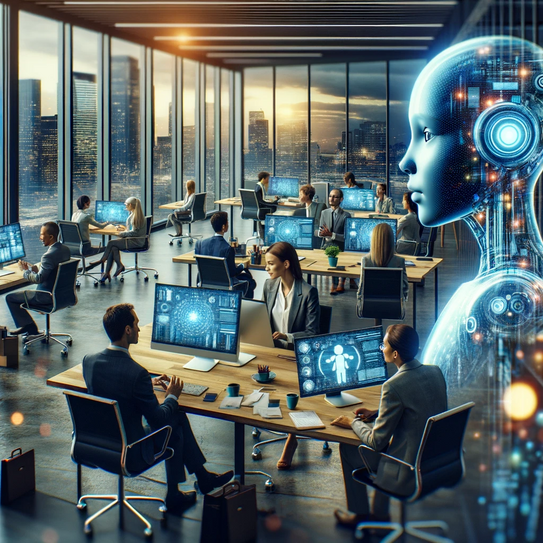 Futuristisches Büro mit Robotern und Menschen
