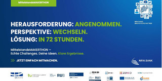 Ein horizontales Werbebanner für den "MittelstandsMAKERTHON" auf einem dunkelblauen Hintergrund. Oben links befindet sich ein leuchtend grünes Rechteck mit dem weißen Titel "MittelstandsMAKERTHON". Darunter steht der Haupttext in großer, weißer, fetter Schrift in drei Zeilen: "HERAUSFORDERUNG: ANGENOMMEN.", "PERSPEKTIVE: WECHSELN." und "LÖSUNG: IN 72 STUNDEN.". Direkt darunter folgt in kleinerer weißer Schrift der Slogan "MittelstandsMAKERTHON – Echte Challenges. Deine Ideen. Klare Ergebnisse." und ein Handlungsaufruf ">>> JETZT EINFACH MITMACHEN.". In der oberen rechten Ecke ist eine Grafik aus neun blauen Quadraten angeordnet, die weiße Icons aus den Bereichen Technologie und Innovation zeigen, darunter eine Glühbirne, Zahnräder und eine Weltkugel. Unter dieser Grafik stehen die Worte "NRW.BANK" und "INNOVATIONSPARTNER". Unten rechts ist das Logo der "NRW.BANK" zu sehen. Am unteren Bildrand verläuft eine weiße Leiste, die eine Reihe von Partnerlogos zeigt, von links nach rechts: UA RUHR, Technische Universität Dortmund, RUB, Universität Duisburg-Essen, EDIN-DO, RUB MAKERSPSACE, WFH, DIY-X.0, ZENIT, das EU-Flaggen-Logo mit dem Text "Co-finanziert von der Europäischen Union" und rechtsaußen der Text "In Die Regioniventrägern" über dem GUIDE-Logo.