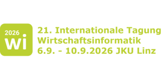 The image displays the logo and wordmark for the 21st International Conference on Business Informatics. On the left side, there is a light green square icon with rounded corners. Inside this square, the year "2026" is written in a smaller white font in the upper left corner. Below it, occupying the lower section of the square, is the abbreviation "Wi" in a large, bold white font. To the right of this icon is a left-aligned, three-line text in the same light green color as the square. The first line reads "21. Internationale Tagung", the second line is "Wirtschaftsinformatik", and the third line specifies the date and venue: "6.9. - 10.9.2026 JKU Linz".