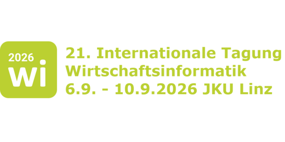 The image displays the logo and wordmark for the 21st International Conference on Business Informatics. On the left side, there is a light green square icon with rounded corners. Inside this square, the year "2026" is written in a smaller white font in the upper left corner. Below it, occupying the lower section of the square, is the abbreviation "Wi" in a large, bold white font. To the right of this icon is a left-aligned, three-line text in the same light green color as the square. The first line reads "21. Internationale Tagung", the second line is "Wirtschaftsinformatik", and the third line specifies the date and venue: "6.9. - 10.9.2026 JKU Linz".