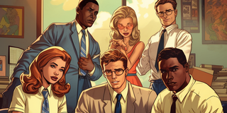 Das Bild im Stil eines klassischen Comics oder einer Graphic Novel zeigt eine Gruppe von sechs Personen, die in einem sonnendurchfluteten Büro um einen großen Holztisch versammelt sind. Die Szene ist in warmen Farbtönen gehalten, und durch ein großes Fenster im Hintergrund scheint die Nachmittagssonne. Im Vordergrund sitzen drei Personen am Tisch, der mit zahlreichen Dokumenten, Akten und Stiften bedeckt ist. Links sitzt eine Frau mit langen, rötlichen Haaren, die eine weiße Bluse und eine blau-weiß gestreifte Krawatte trägt. Sie blickt direkt zum Betrachter und hält einen Stift in der Hand. In der Mitte sitzt ein Mann mit Brille und hellbraunem Haar in einem hellen Anzug, der konzentriert auf die Papiere vor sich blickt und ebenfalls einen Stift zum Schreiben ansetzt. Rechts von ihm beugt sich ein schwarzer Mann in einem hellgelben Hemd und dunkler Krawatte über die Unterlagen.  Hinter diesen drei sitzenden Personen stehen drei weitere. Links steht ein schwarzer Mann in einem blauen Anzug, der sich mit ernster Miene über die Schulter des Mannes in der Mitte beugt, um auf die Dokumente zu schauen. In der Mitte des Hintergrunds steht eine Frau mit blonden Haaren, die eine rote, modische Sonnenbrille und ein rotes Kleid trägt. Sie hat die Hände vor dem Gesicht gefaltet und blickt mit einem neugierigen oder besorgten Ausdruck auf das Geschehen. Ganz rechts steht ein Mann mit dunklem Haar und Brille in einem weißen Hemd mit hochgekrempelten Ärmeln und einer Krawatte. Er hat die Arme verschränkt und blickt mit einem selbstbewussten Ausdruck direkt aus dem Bild. Die Wände des Büros sind mit gerahmten Bildern und Aktenstapeln dekoriert, was die geschäftige Atmosphäre unterstreicht.
