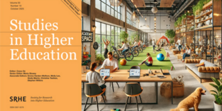 The image shows the cover of the journal Studies in Higher Education alongside an archetypal coworking space at universities.