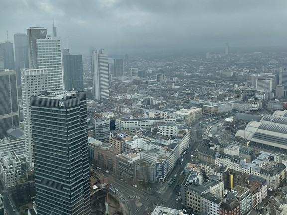 Ausblick aus der 48. Etage eines Hochhauses über die Großstadt (Frankfurt am Main)