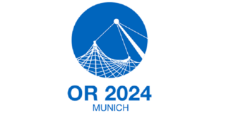 Logo Operations Research 2024 Munich, blue circle with white grid above, blue lettering on white background below