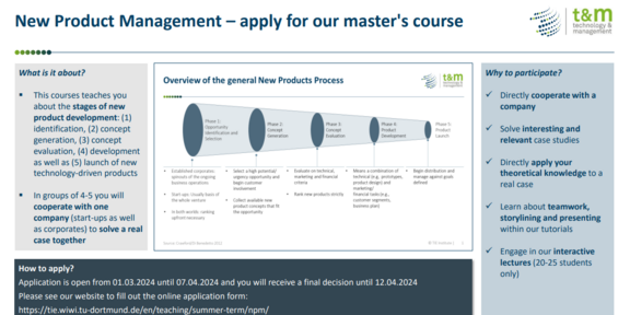 Informationen zur Bewerbung für den Kurs "New Product Management"