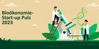 Titelbild des Reports des Bioökonomie Start-up Puls 2023 mit Titel und Illustration