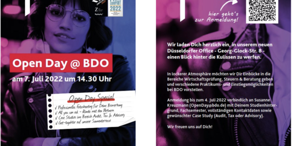 Flyer with invitation to the OpenDay @ BDO on 07.07.2022 at 14.30 in Düsseldorf. Registration possible until 04.07.2022. 