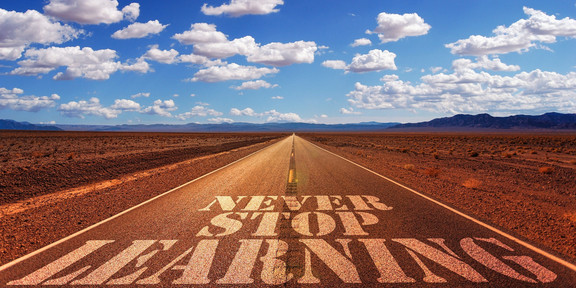 Picture Never Stop Learning Photo of a jagged road to the horizon in a steppe-like wasteland, on which the text "Never Stop Learning" was written