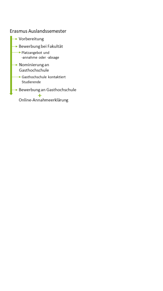 Ablaufdiagramm: Vorbereitung, dann Bewerbung, dann Nominierung und dann Bewerbung an Gasthochschule und Online-Annahme