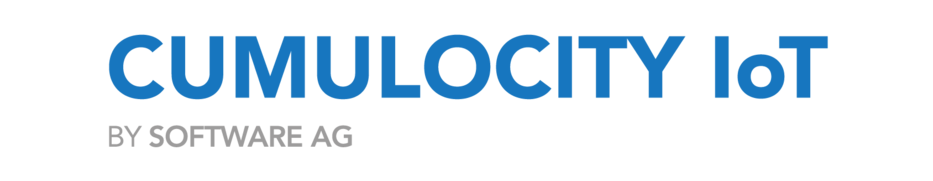 Logo Cumulocity IoT in blue font. Underneath it says "By Software AG"