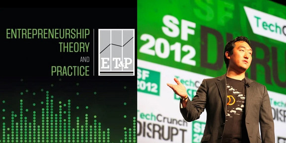 Two-part image. Left: Entrepreneurship Theory and Practice logo. Right: Man giving a lecture, behind him a large picture with inscriptions such as Tech Crunch Disrupt.