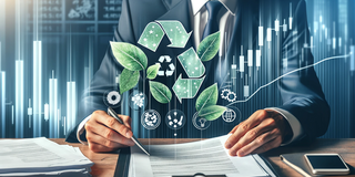 AI-generated image. A man in a suit is sitting in front of documents, with leaves and a recycling symbol floating above them. 