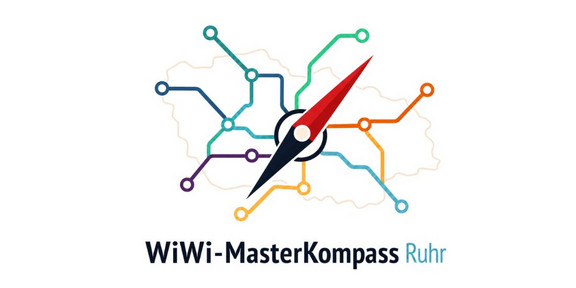 A graphic featuring a compass in the center, from which colored lines radiate in various directions like a network across a stylized map of the Ruhr region. Below it is the text “WiWi-MasterKompass Ruhr.”