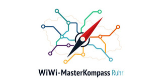 A graphic featuring a compass in the center, from which colored lines radiate in various directions like a network across a stylized map of the Ruhr region. Below it is the text “WiWi-MasterKompass Ruhr.”