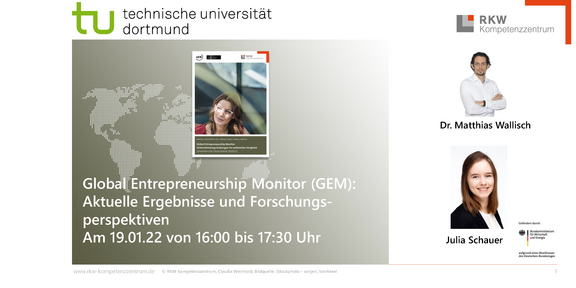 Slide with presentation title translating to "Global Entrepreneurship Monitor (GEM): Current results and research perspectives" 19.01.2022 from 16:00 to 17:30. Portrait photos by Dr. Mattias Wallisch and Julia Schauer from RKW Competence Center