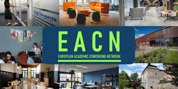EACN Logo vor Fotokollage mit Bildern unterschiedlicher Working Spaces. 