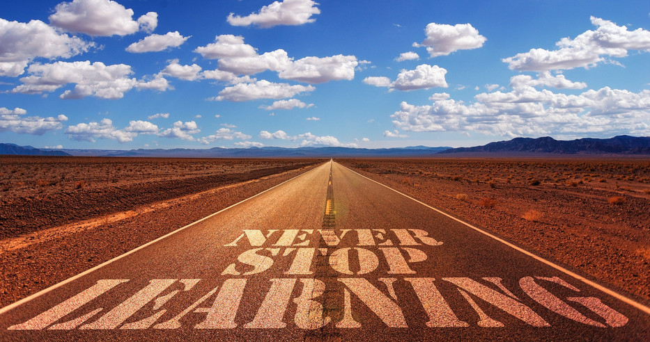 Photo of a jagged road to the horizon in a steppe-like wasteland, on which the text "Never Stop Learning" was written