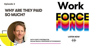 Picture of Work Force Podcast Logo; Episode 2: Why are they paid so much?; with guest contributor Michael Böhm, Professor of Economics. Small photo of Prof. Michael Böhm.