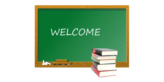 Green slate with crotchet "Welcome" and stack of books in front of it