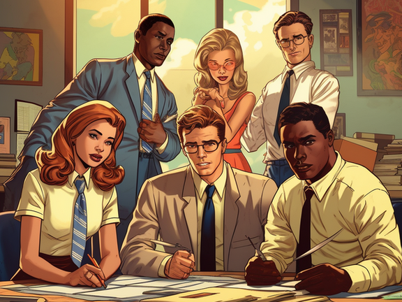 Das im Comicstil gezeichnete Bild zeigt 6 Personen verschiedener Hautfarben (3 sitzend, 3 dahinter stehend) im Businesss-Outfit, die vor einem mit Papierseiten übersäten Tiisch über diese Unterlagen grübeln.