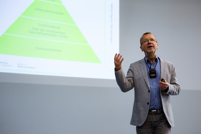 Professor Dr. Holzmüller hält eine Marketing-Vorlesung