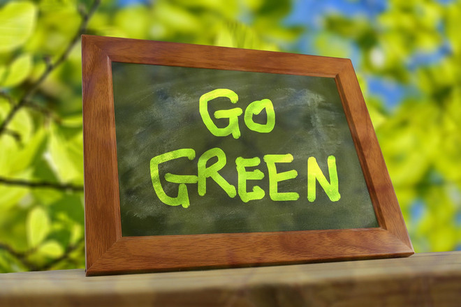 Symbol Picture frame with green lettering "Go Green" in front of leafy branches in the background