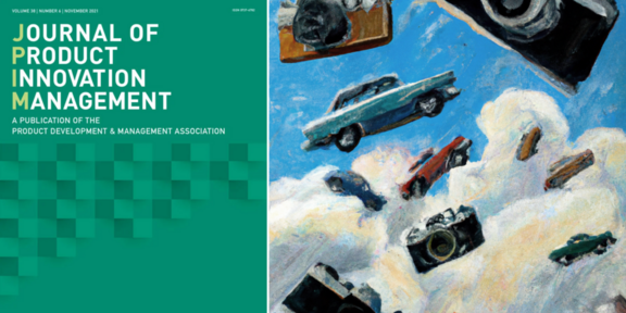 Bild vom Deckblatt des Journal of Product Innovation Management neben Bild von Autos und Kameras, die durch Wolken fallen.