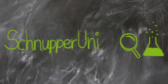 Mit grüner Kreide auf nicht ganz sauber gewischter Tafel geschriebener Text "SchnupperUni" , daneben eine gemalte Lupe und ein halb gefülltes Reagenzglas