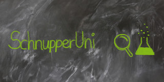 Mit grüner Kreide auf nicht ganz sauber gewischter Tafel geschriebener Text "SchnupperUni" , daneben eine gemalte Lupe und ein halb gefülltes Reagenzglas
