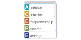 Logo der ACERE Conference. Farbige Initialien untereinander, stehen für Australian Centre for Entrepreneurship Research Exchange
