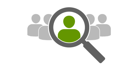 Symbol: the middle person of a group of 5 stylised people is highlighted with an oversized magnifying glass