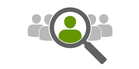 Symbol job vacancy Symbol: the middle person of a group of 5 stylised people is highlighted with an oversized magnifying glass