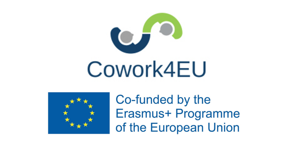 Logo für EU Projekt Cowork 4 EU, darunter EU Flage mit Hinweis, das Projekt EU-gefördert ist.