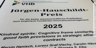 Photo of a document. Top: VHB logo. Center (in German): Jürgen Hauschildt Prize for the best scientific publication on empirically based innovation management. 2025. Kindred spirits: cognitive frame similarity and good faith provisions in strategic alliance contracts