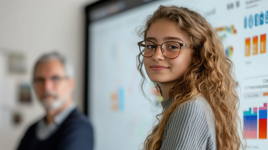 Junge lächende Frau, vor Präsentation mit Diagrammen. Im Hintergrund älterer Professor. 