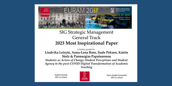 SIG Strategic Management General Track 2023 Most Inspirational Paper is hereby granted to: Luidvika Leisyte, Anna-Lena Rose, Sude Peksen, Katrin Solz & Panourgias Papaioannou