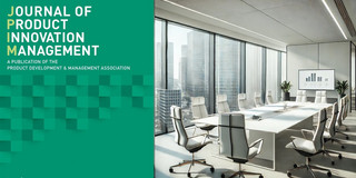Left side: Journal of Product Innovation Management logo. A publication of the Product Development & Management Association. Right side: Image of a meeting room.