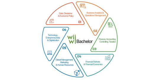 Runde Grafik mit sechs Feldern um WiWi Bachelor. 1.: Data, Decisions & Economic Policy, 2: Business Analytics & Operations Management, 3.: Finance, Accounting, Controlling, Taxation, 4.: Financial Markets & Financial Economics, 5.: Global Management, Marketing & Human Resources, 6.: Technology, Entrepreneurship & Digitization.