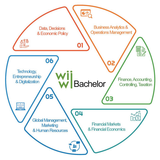 Six fields around WiWi Bachelor. 1.: Data, Decisions & Economic Policy, 2: Business Analytics & Operations Management, 3.: Finance, Accounting, Controlling, Taxation, 4.: Financial Markets & Financial Economics, 5.: Global Management, Marketing & Human Resources, 6.: Technology, Entrepreneurship & Digitization.