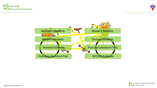 Image shows a tandem symbolising mentoring relationships at different levels - between bachelor's students and master's students, master's students and doctoral students, and again with post docs and assistant professors and full professors. 