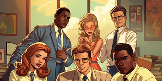 The comic-style picture shows 6 people of different skin colours (3 sitting, 3 standing behind them) in business outfits, poring over these documents in front of a table covered with pages of paper.