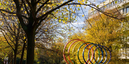 Steel spectral rings surrounded by trees in autumn.