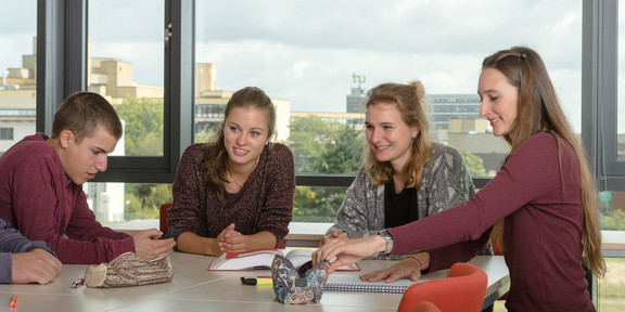 Eine Gruppe Studierender sitzt mit Lernunterlagen am Tisch.