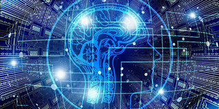 Artificial intelligence On blue background is drawn with white lines a brain and a network is shown from white dots.