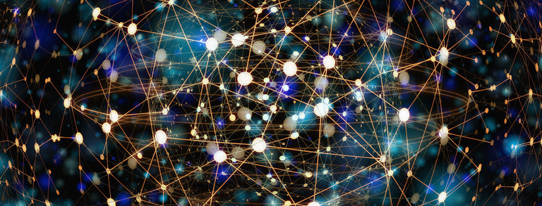 Network White, light blue and dark blue dots on black background connected with golden lines.