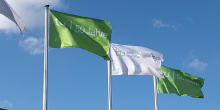 Grüne und weiße Flaggen mit der Inschrift „TU 50 Jahre“ vor blauem Himmel
